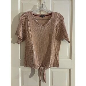 Gyft Womens Small Rust White Striped Waffle Knit Tie Front V-Neck Top